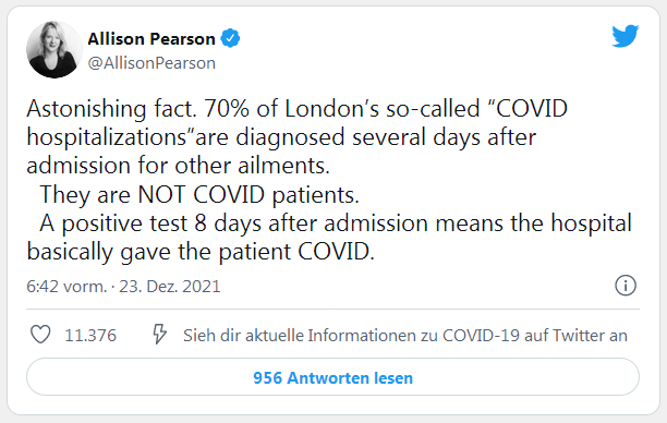 London: 70% der
                  PatientInnen, die Corona haben, werden OHNE Corona
                  eingeliefert und stecken sich IM SPITAL mit Corona an