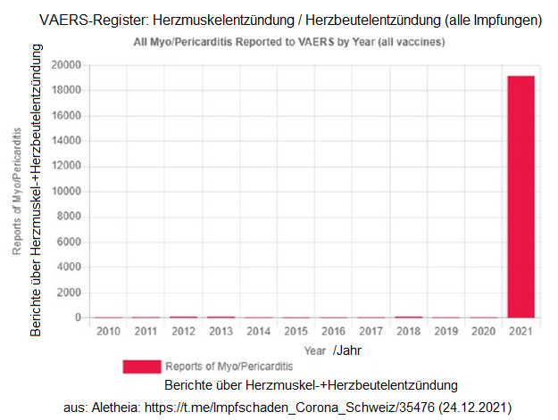 VAERS-Register: Herzmuskel- und
                    Herzbeutelentz�ndung 2010 bis 2021, Grafik vom
                    24.12.2021