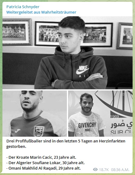 GENimpfmorde bei Fussballspielern 26.12.2021:
                  Cacic (23) weg - Lokar (30) weg - Al Raqadi (29) weg