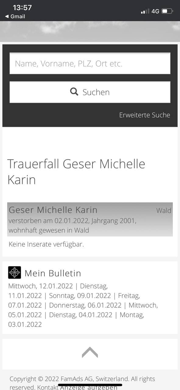 GENimpfmord
                  in Wald (Kanton Zürich) 12.1.2022: Michelle Karin
                  Geser ist mit 20 weg
