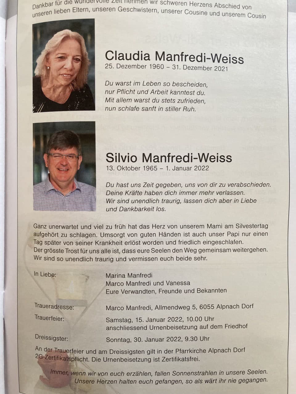 Verdacht
                  GENimpfmord 13.1.2022: Claudia und Silvio in Alpnach,
                  13.1.2022