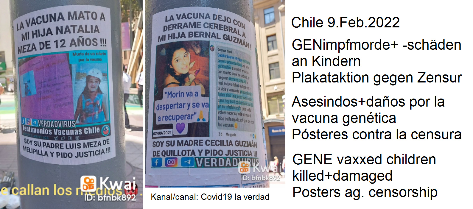 Kindermord+schwere GENimpfschäden durch
                            GENimpfungen in Chile 9.2.2022: Kind tot,
                            gelähmt, Herzmuskelentzündung etc.:
                            Chilenische Covid-Impfopfer machen mit
                            Plakaten und Aufklebern auf sich aufmerksam