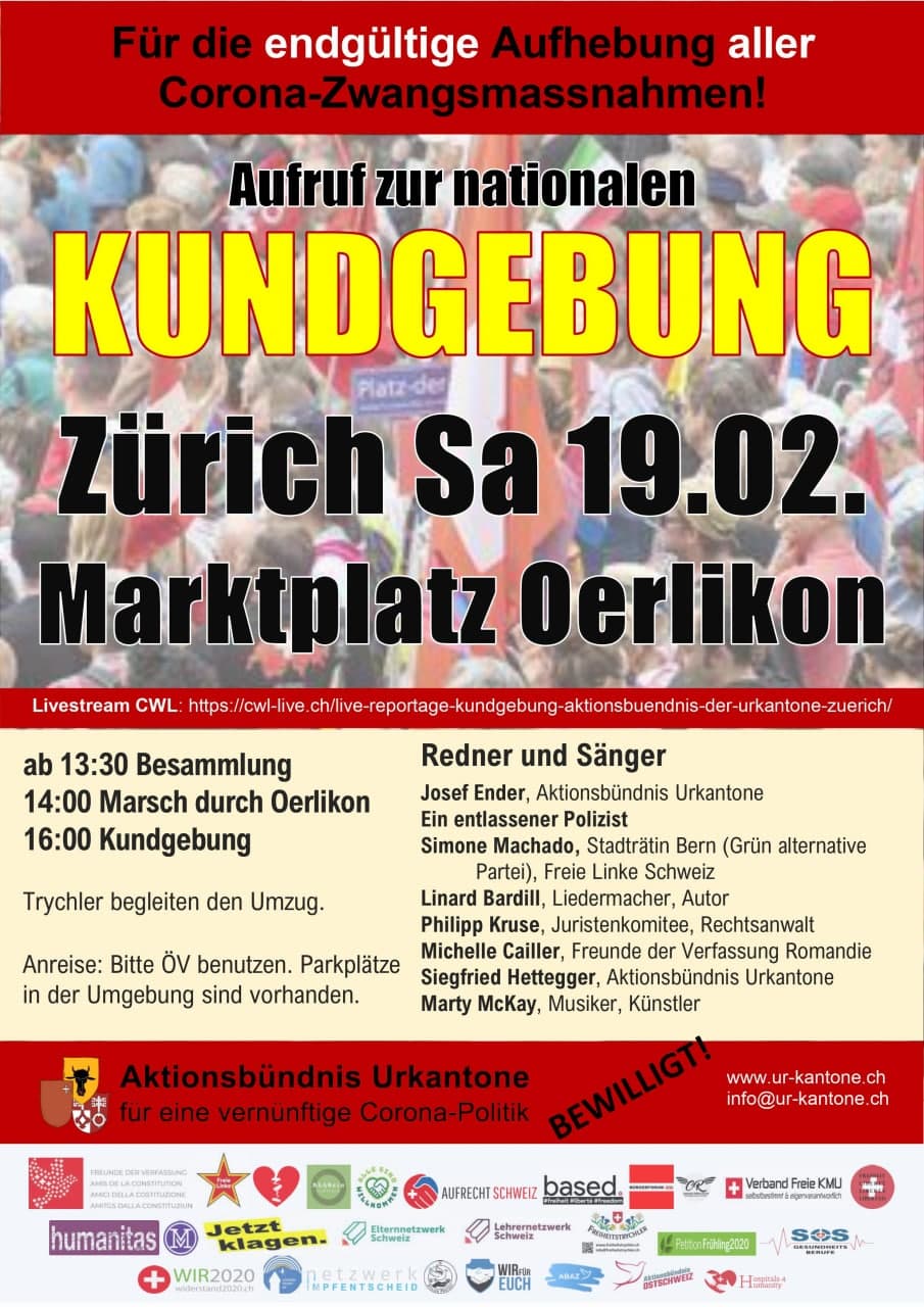 Die Einladung zur
                Demo in Z�rich-�rlikon am 19.2.2022: "F�r die
                endg�ltige Aufhebung aller
                Corona-Zwangsmassnahmen"