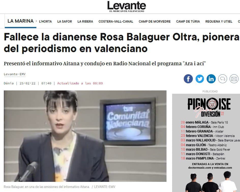 Verdacht GENimpfmord Valencia (Spanien)
                      25.2.2022: Pionier-Journalistin Rosa Balagur Oltra
                      ist mit 65 weg: Fallece la dianense Rosa Balagur
                      Oltra, pionera del periodismo en valenciano