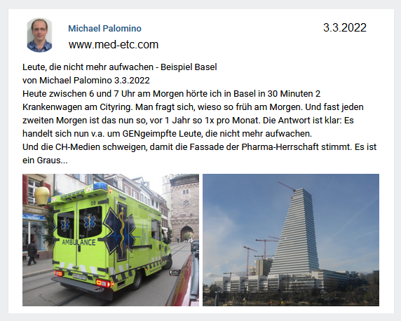 Verdacht GENimpfmord 3.3.2022: Fast jeden
                    zweiten Tag rasen Krankenautos am frühen Morgen
                    durch Basel - Leute, die nicht mehr aufwachen