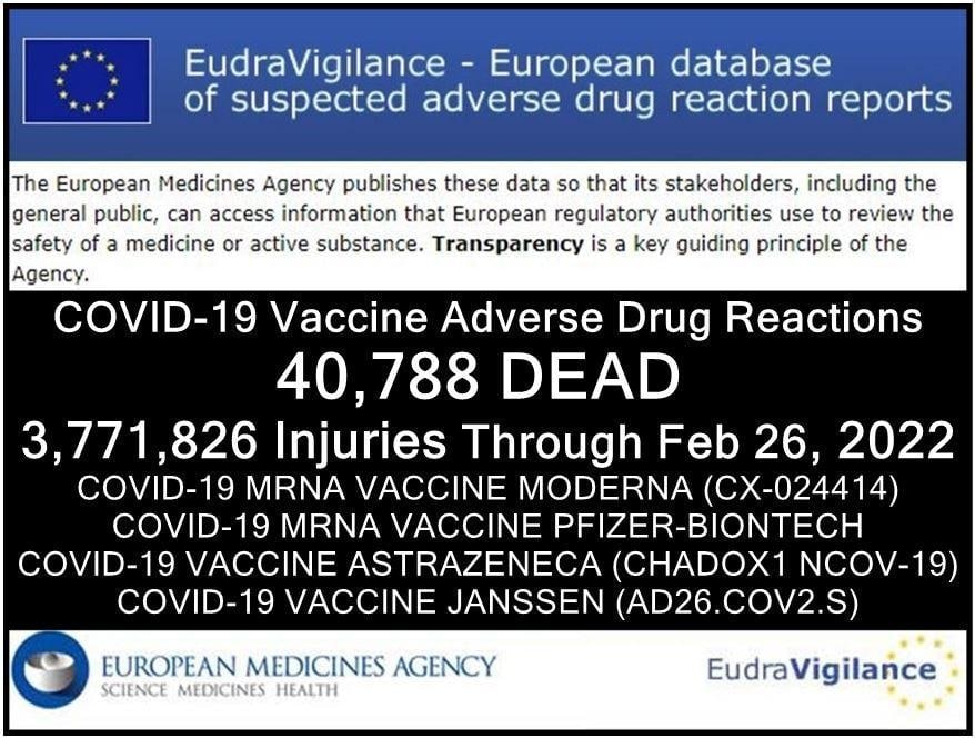 Zahlen GENimpfmorde 13.3.2022: Die EU-Datenbank
                  EudraVigilence hat 40.788 GENimpfmorde registriert