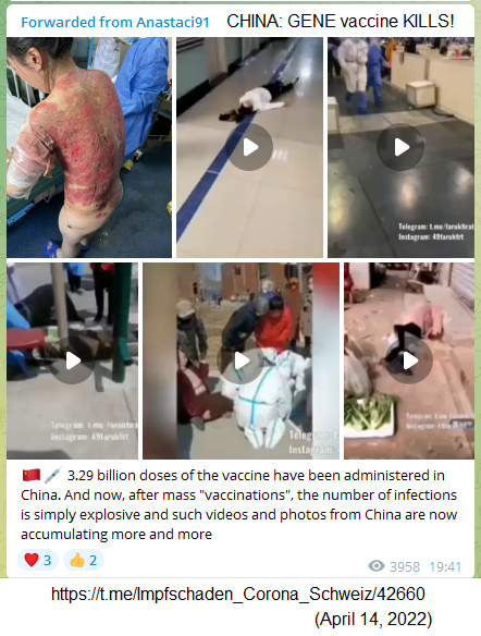 GENimpfschaden China 14.4.2022:
                    Infektionen, Haut platzt auf, Erkrankungen,
                    Ohnmacht, Dauerzittern