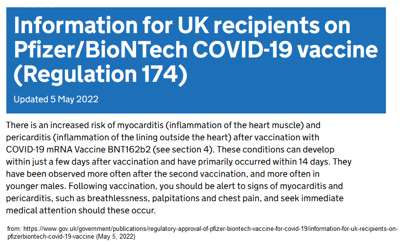 SCHLANGENGIFTimpfschaden GB 10.5.2022:
                    "BRITISCHE REGIERUNG STELLT HEIMLICH STILL UND
                    LEISE EINE WARNUNG VOR MYOKARDITIS AUF IHRE
                    WEBSITE" Information for UK recipients on
                    Pfizer/BioNTech COVID-19 vaccine (Regulation 174)