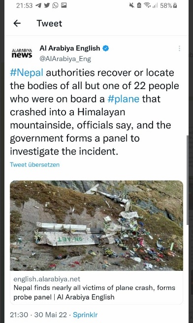 Flugzeugabsturz in Nepal an
                  einem Himalayaberg, 22 Tote, 30.5.2022