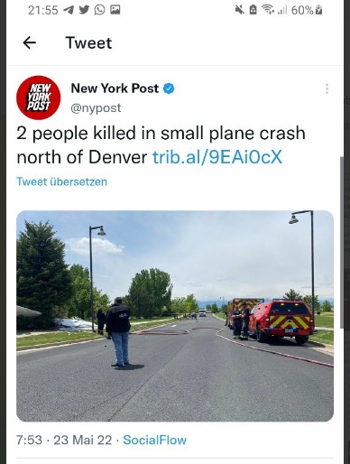 Flugzeugabsturz "USA"
                  04 in Denver, 2 Tote, 23.5.2022