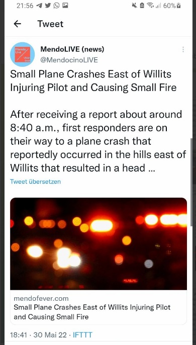 Flugzeugabsturz "USA" 06 in der Region
                  Willits, Pilot verletzt, 30.5.2022