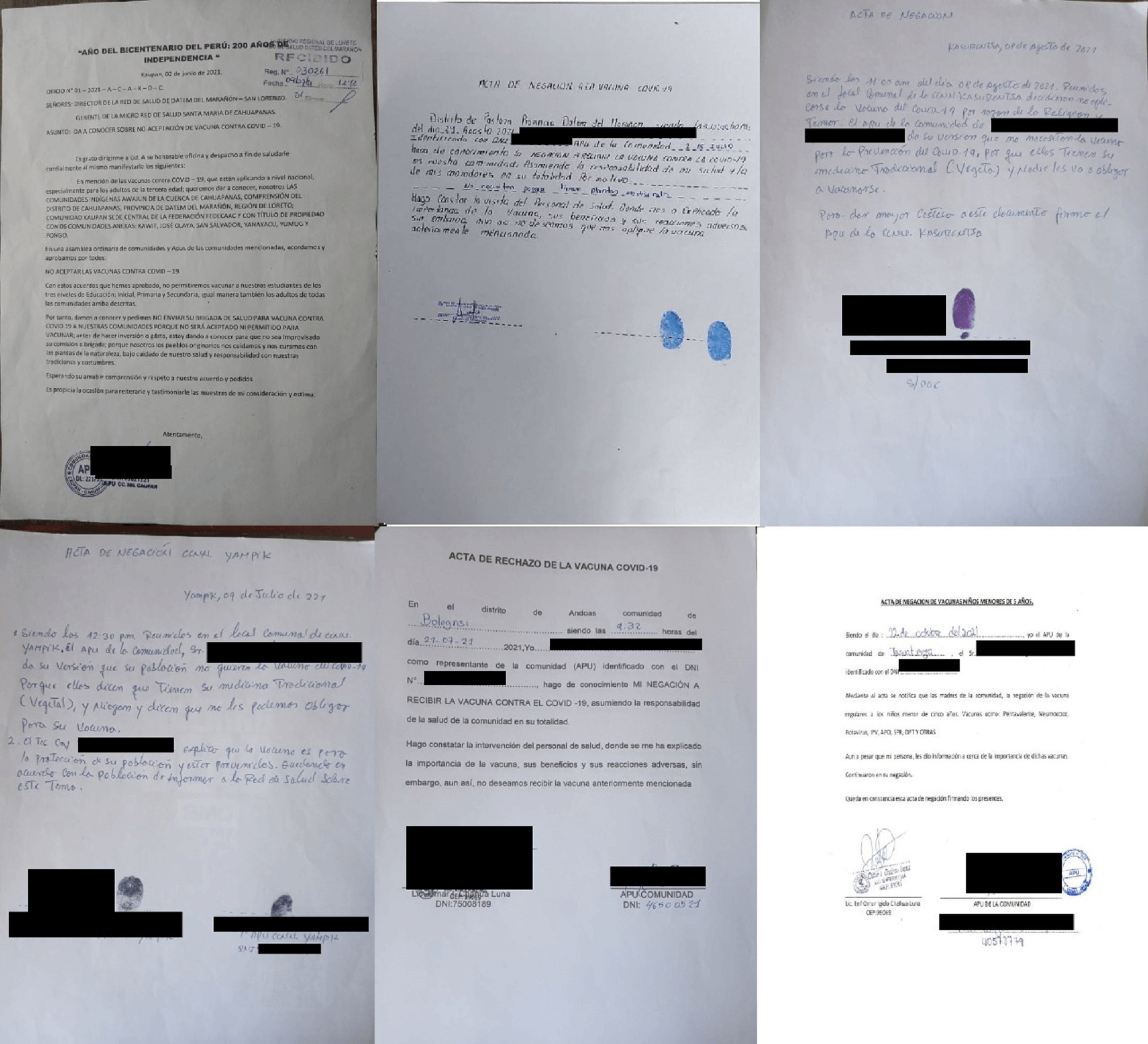 Protestbriefe der Ureinwohner
                    in Peru von 2021: Briefe von H�uptlingen (Apus):
                    Ureinwohner aus Amazonien von Peru lehnen die
                    SCHLANGENGIFTimpfung ab, Sammelfoto