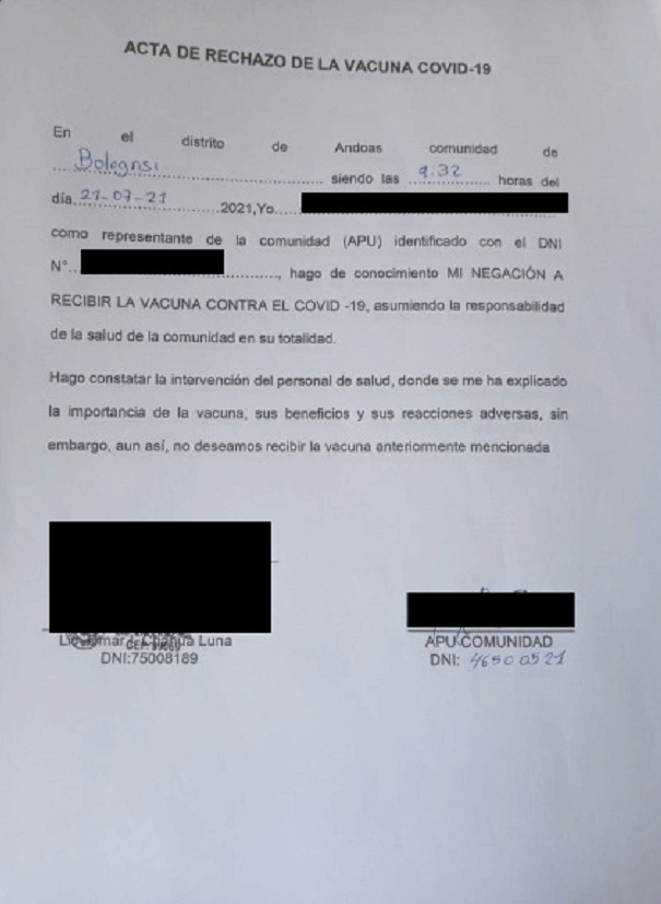 Protestbriefe
                  der Apu-Ureinwohner in Peru von 2021: Ureinwohner von
                  Peru lehnen die SCHLANGENGIFTimpfung ab, Brief 5