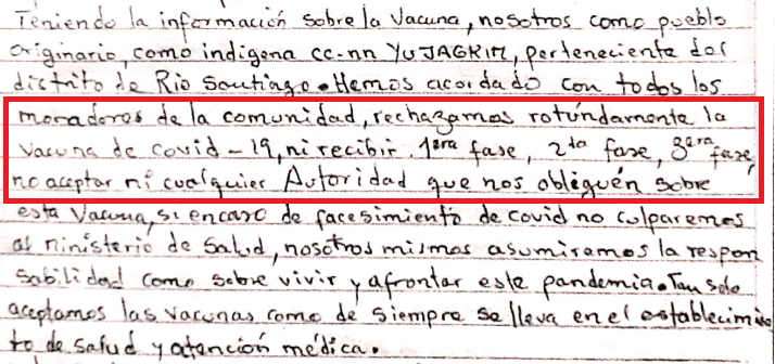 Protestbrief der
                  Ureinwohner vom R�o Santiago in Peru von 2021:
                  Ureinwohner von Peru lehnen die SCHLANGENGIFTimpfung
                  ab