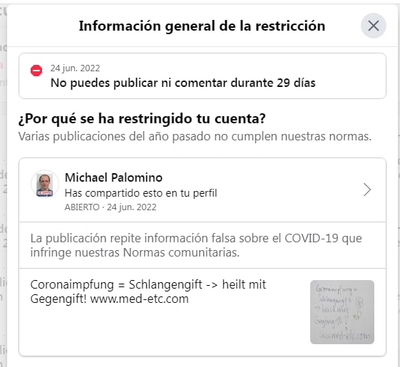 Widerstand Schweiz 24.6.2022:
                    Kriminelles Facebook von Rockefeller-Zuckerberg
                    sperrt mit 29 Tagen wegen Graffito
                    "Coronaimpfung=Schangengift -> heilt mit
                    Gegengift"
