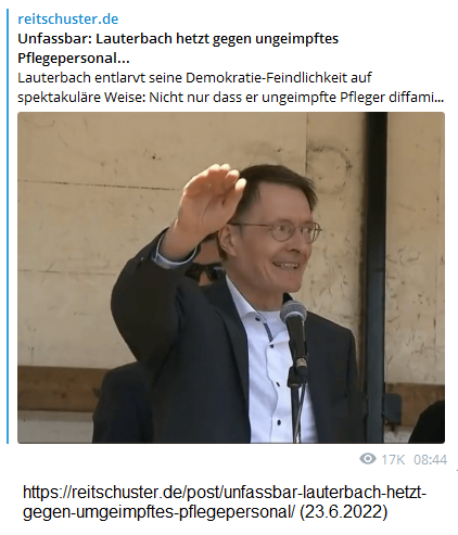 Impfmonster Lauterbach 23.6.2022: Ist das Foto
mit Hitlergruss echt oder nur Photoshop? Unfassbar:
Lauterbach hetzt gegen ungeimpftes Pflegepersonal... Impfmonster Lauterbach 23.6.2022: Ist das Foto
mit Hitlergruss echt oder nur Photoshop? Unfassbar:
Lauterbach hetzt gegen ungeimpftes Pflegepersonal...