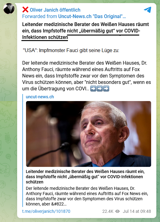 Impfmonster
                        Fauci ("USA") 14.7.2022: gesteht ein,
                        dass die "Coronaimpfungen" nicht
                        "�berm�ssig gut" sch�tzen: Leitender
                        medizinische Berater des Wei�en Hauses r�umt
                        ein, dass Impfstoffe nicht „�berm��ig gut“ vor
                        COVID-Infektionen sch�tzen