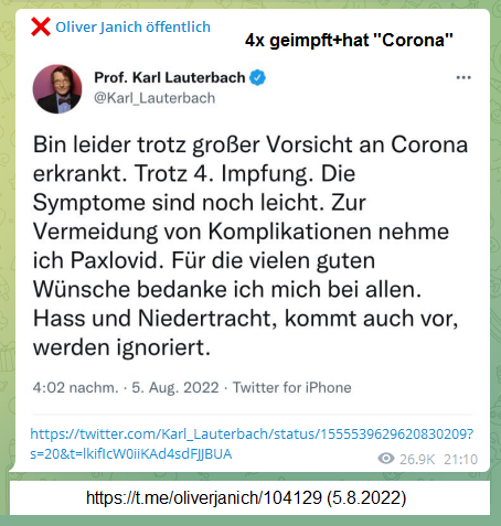 5.8.2022: Impfmonster Lauterbach 4x geimpft -
hat "Corona" 5.8.2022: Impfmonster
Lauterbach 4x geimpft - hat "Corona"