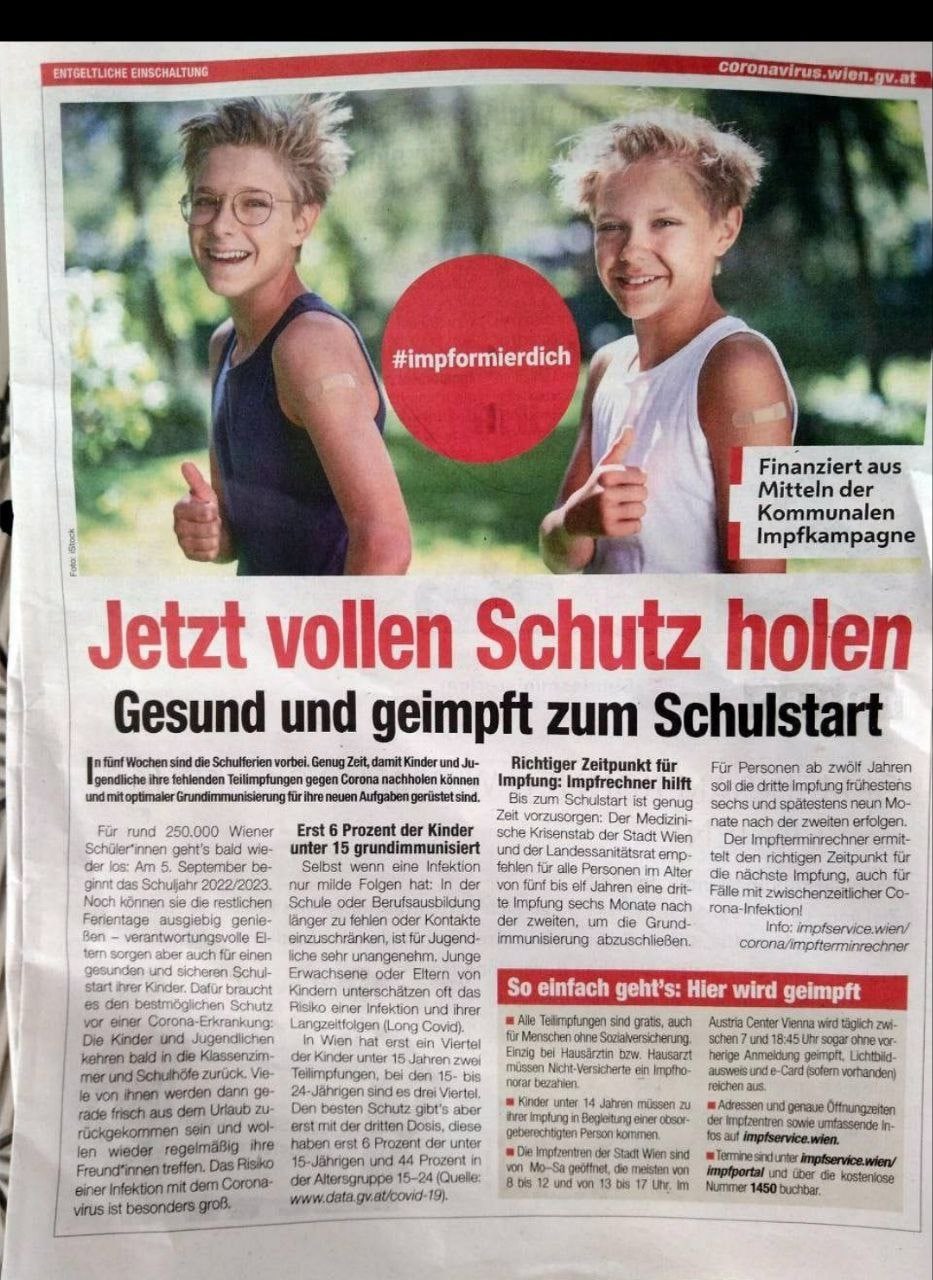 SCHLANGENGIFTimpfwerbung gegen Kinder in Wien
8.8.2022: "Jetzt vollen Schutz holen" SCHLANGENGIFTimpfwerbung gegen Kinder in Wien
8.8.2022: "Jetzt vollen Schutz holen"