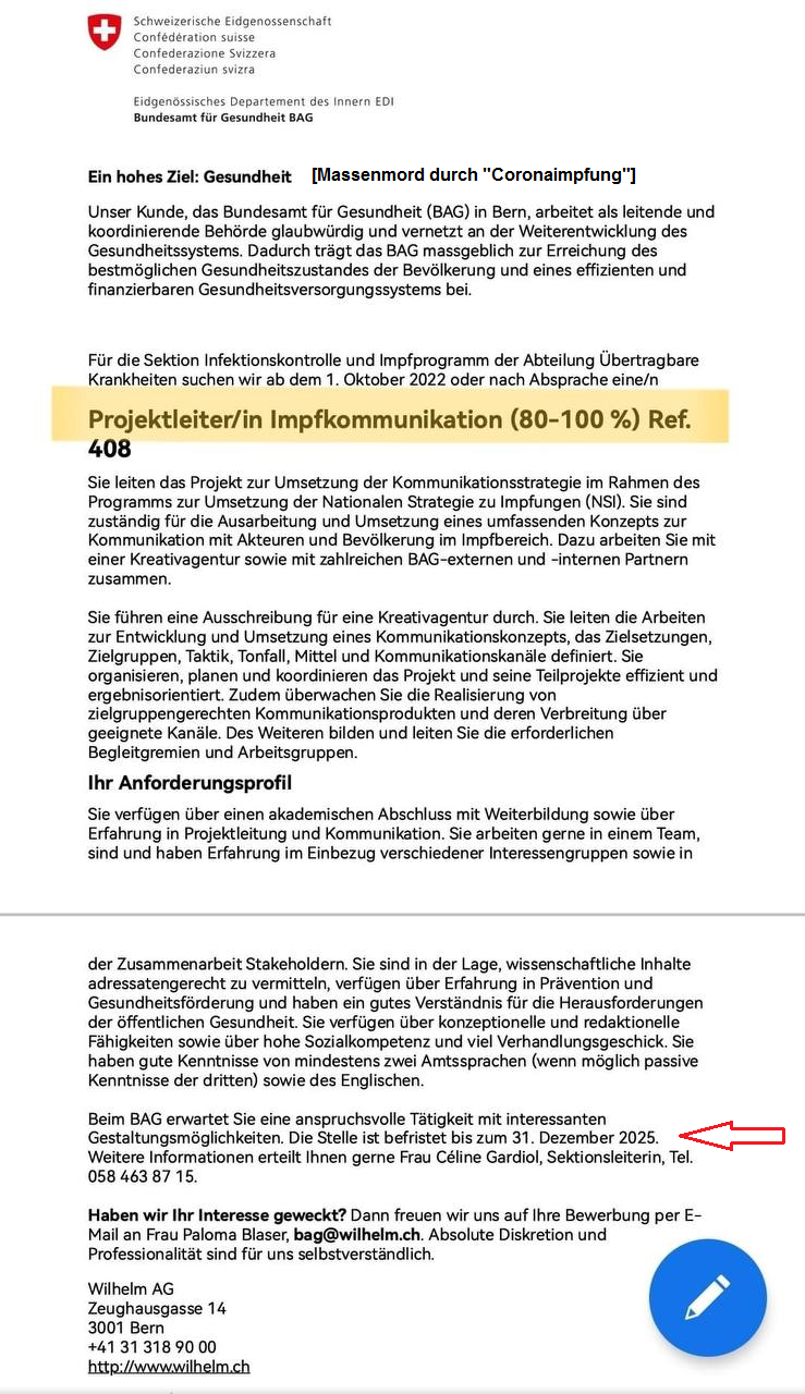 Kriminelles BAG von den Impfmonstern Berset+Levy:
                  Stellenausschreibung Projektleiter Impfkommunikation
                  von 2022 bis Dezember 2025