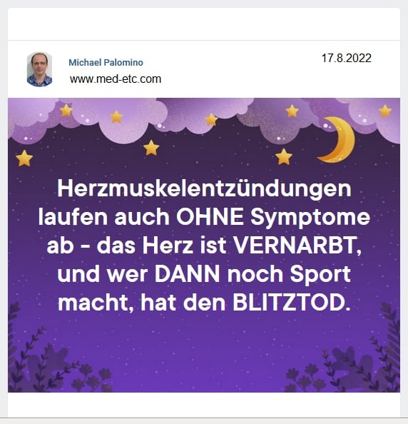 SCHLANGENGIFTimpfschaden
                  weltweit 17.8.2022: Herzmuskelentz�ndungen laufen auch
                  OHNE Symptome ab - das Herz ist VERNARBT, und wer DANN
                  noch Sport macht, hat den BLITZTOD.