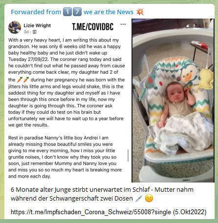Kindermord durch Schwangere
wahrscheinlich "USA" 5.10.2022:
Schwangere 2x geimpft bekommt Baby - mit 6
Monaten tot: 6 Monate alter Junge stirbt
unerwartet im Schlaf - Mutter nahm während der
Schwangerschaft zwei Dosen Kindermord
durch Schwangere wahrscheinlich "USA"
5.10.2022: Schwangere 2x geimpft bekommt Baby -
mit 6 Monaten tot: 6 Monate alter Junge stirbt
unerwartet im Schlaf - Mutter nahm während der
Schwangerschaft zwei Dosen