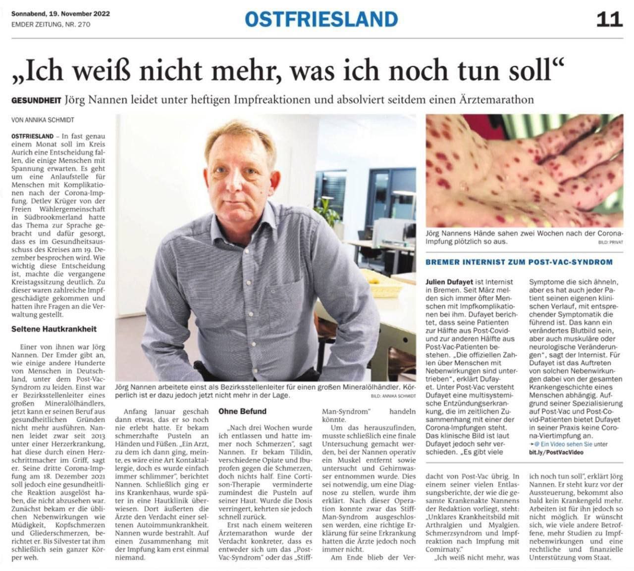 "Corona"-Impfschaden in Ostfriesland
                    (4R) am 21.11.2022: J�rg Nannen beklagt Impfschaden:
                    Schmerzen �berall und Pusteln an H�nden und F�ssen -
                    er ist arbeitsunf�hig