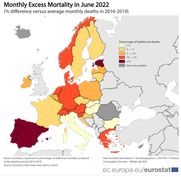 Karte EU mit Schweiz und Liechtenstein:
Übersterblichkeit Juni 2022 Karte EU mit
Schweiz und Liechtenstein: Übersterblichkeit
Juni 2022
