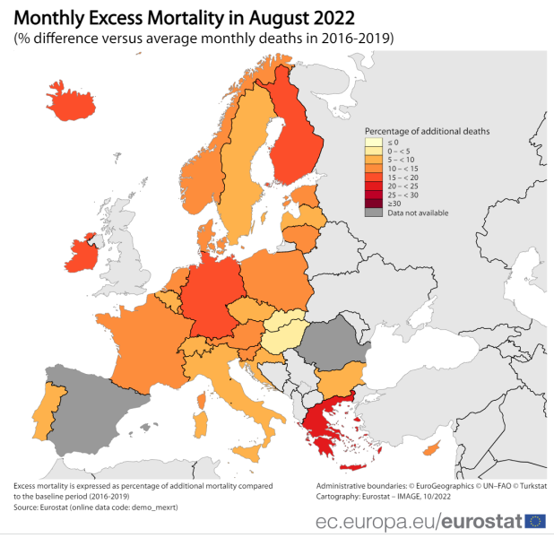 Karte EU mit Schweiz und Liechtenstein:
Übersterblichkeit August 2022 Karte EU mit
Schweiz und Liechtenstein: Übersterblichkeit
August 2022