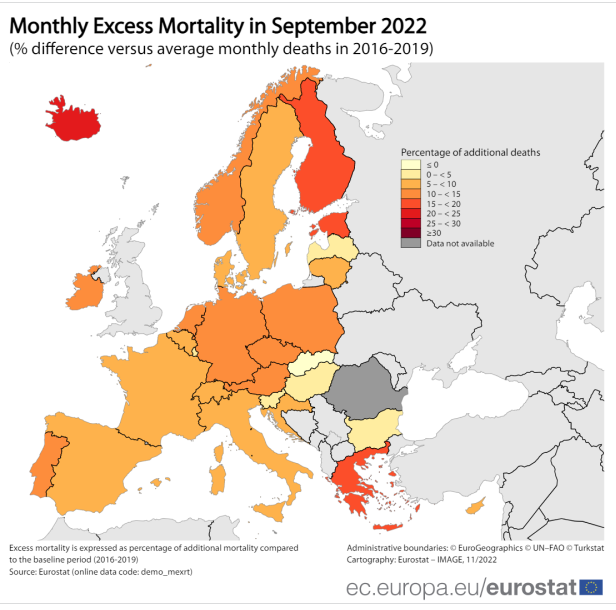 Karte EU mit Schweiz und Liechtenstein:
Übersterblichkeit September 2022 Karte
EU mit Schweiz und Liechtenstein:
Übersterblichkeit September 2022