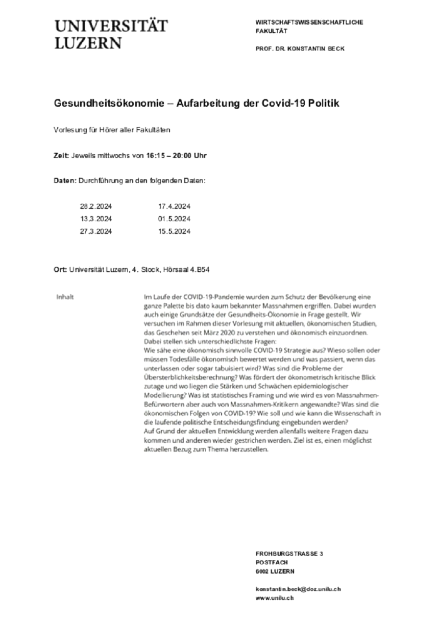 Widerstand Universit�t Luzern 22.1.2024: hat
                    Vorlesungen zur Aufarbeitung der Coronapolitik