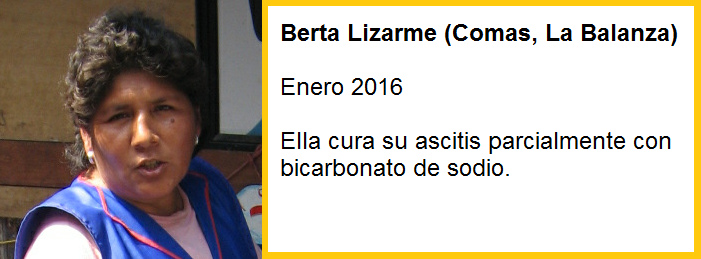 Berta Lizarme cura
                  parcialmente su ascitis con una soluci�n con
                  bicarbonato de sodio y algarrobina y reduce su
                  sobrepeso bastante.