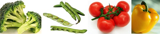 Vegetables,
                    for example broccoli, beans, tomatoes, and yellow
                    peperoni