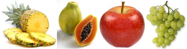 Fruits, par exemple ananas, papaye, pomme
                        et raisins verts