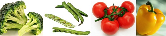 Vegetables, for example broccoli, beans, tomatoes,
                and yellow peperoni