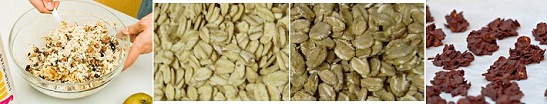 Getreideflocken, z.B. eine
                                    Bircher-Müsli-Mischung,
                                    Haferflocken, Roggenflocken, und
                                    Schokoladenflocken (Crispies)
