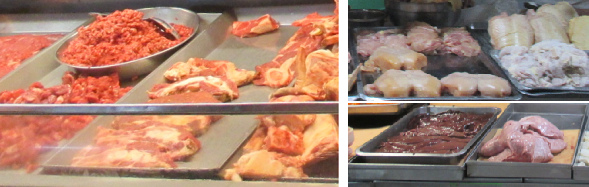 Fleischtheke mit
                                            Rindsfleisch (links),
                                            Hühnchenfleisch (rechts
                                            oben), Rindsleber und
                                            Rindszunge (unten)