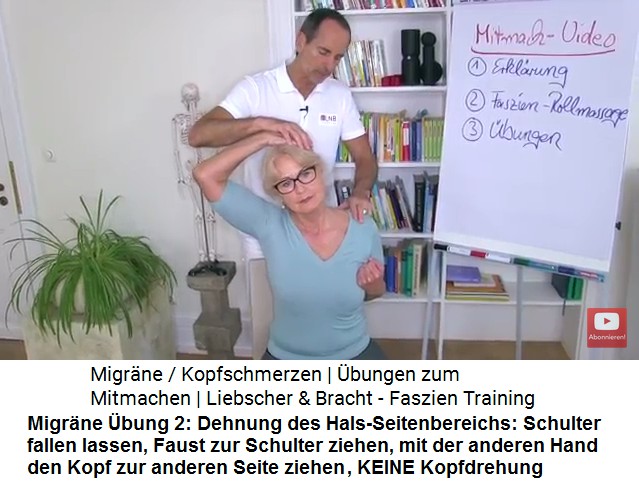 Migräne Übung 2a: Die
                    Seite am Hals wird gedehnt: Schulter fallenlassen,
                    Faust zur Schulter ziehen, Kopf schaut geradeaus,
                    mit der anderen Hand den Kopf am Oberkopf zur einer
                    Seite ziehen