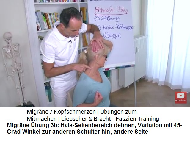 Migr�ne �bung 3b: Weitere
                  Muskeln an der Seite am Hals werden gedehnt: Schulter
                  fallenlassen, Faust zur Schulter ziehen, Kopf 45 Grad
                  in Richtung der anderen Schulter drehen, mit der
                  anderen Hand den Kopf am Oberkopf zur einer Seite
                  ziehen - andere Seite