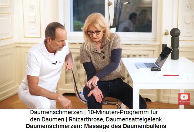 Daumemschmerzen heilen:
                    Massage mit der kleinen Massagekugel am Daumenballen
                    und rund um den Daumenballen
