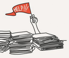 Burnout-Stress mit Aktenbergen und Hilfe-Fahne