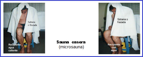 La sauna casera, la microsauna con
            tina con agua caliente, banco y toalla grande
