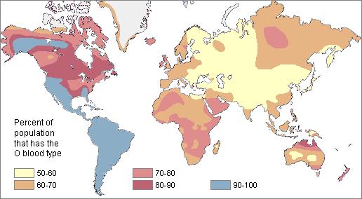 Karte:
                  Blutgruppe 0 weltweit, heute