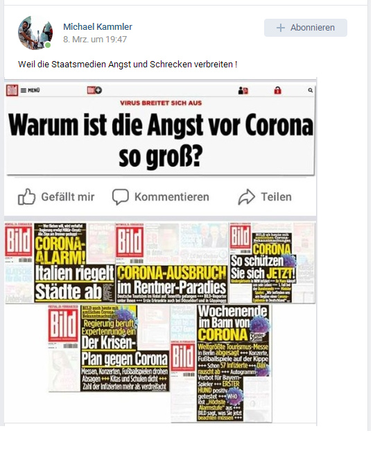 Mossad-BILD verbreitet
                Coronavirus-Panik in Merkel-Deutschland, 8. M�rz 2020,
                gepostet von Michael Kammler am 8.3.2020 auf VK