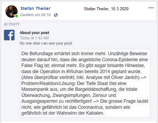 Stefan Theiler auf Facebook am
                      10.3.2020: Der Coronavirus in Wuhan ist seit 2014
                      geplant worden