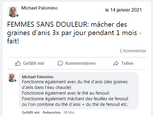 FEMMES SANS DOULEUR. mâcher des graines d'anis
3x par jour pendant 1 mois - c'est fait! FEMMES
SANS DOULEUR. mâcher des graines d'anis 3x par jour
pendant 1 mois - c'est fait!