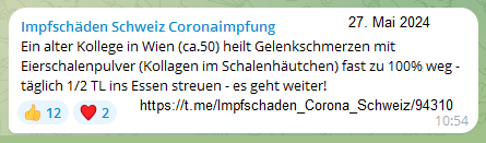 27-05-2024: Un ancien coll�gue de Vienne
                      (environ 50 ans) soigne les douleurs articulaires
                      avec de la poudre de coquille d’�uf (collag�ne
                      dans la membrane de la coquille) - Presque 100 %
                      disparu - saupoudrez 1/2 petite cuill�re dans la
                      nourriture tous les jours - �a continue !