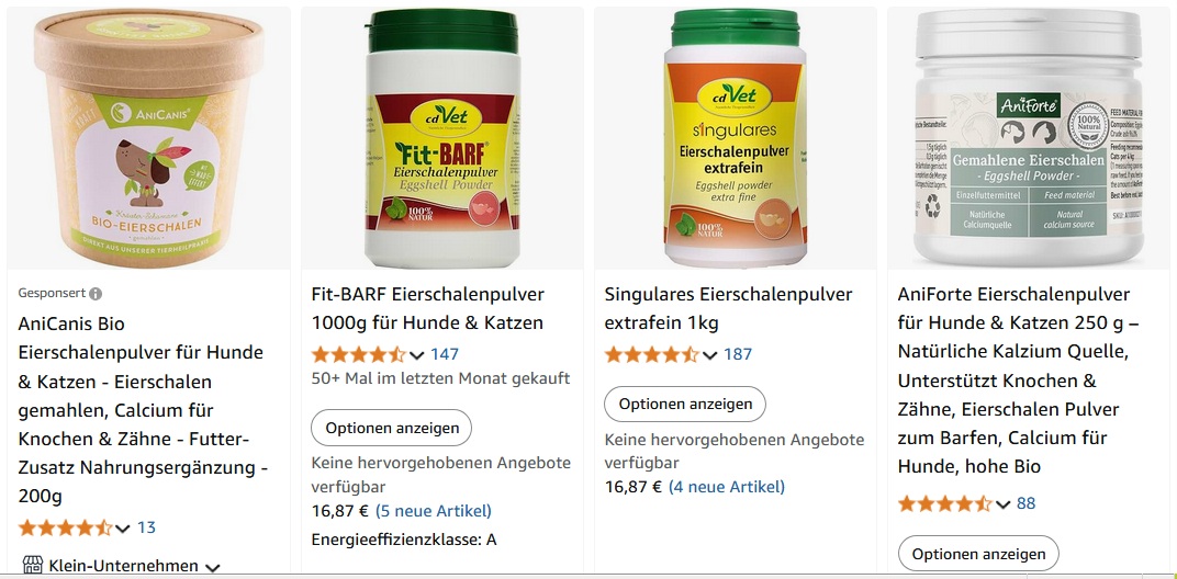 En Amazon: C�scara
                  de huevo en polvo para perros y gatos (31-01-2025)