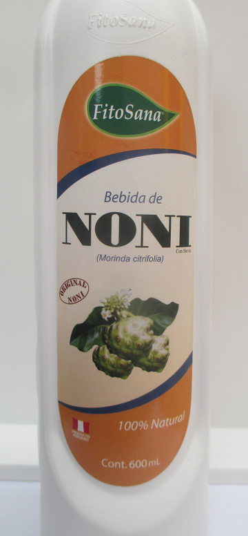 La
                              etiqueta del jugo de noni en una botella,
                              comprada en una farmacia de medicina
                              natural en el Per� en Lima
