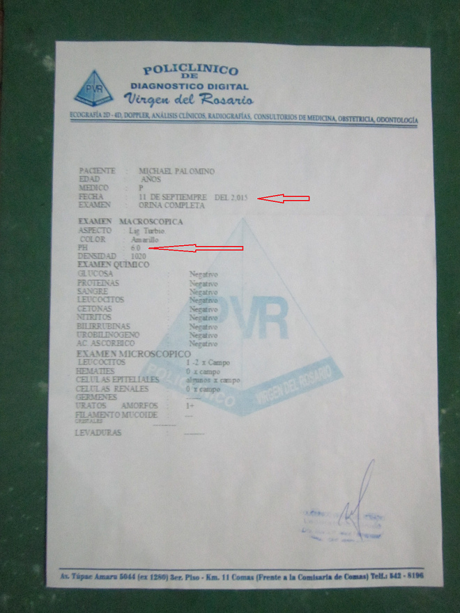 Test de valeur pH du 11 septembre 2015 avec
                      un valeur pH6 dans l'urine